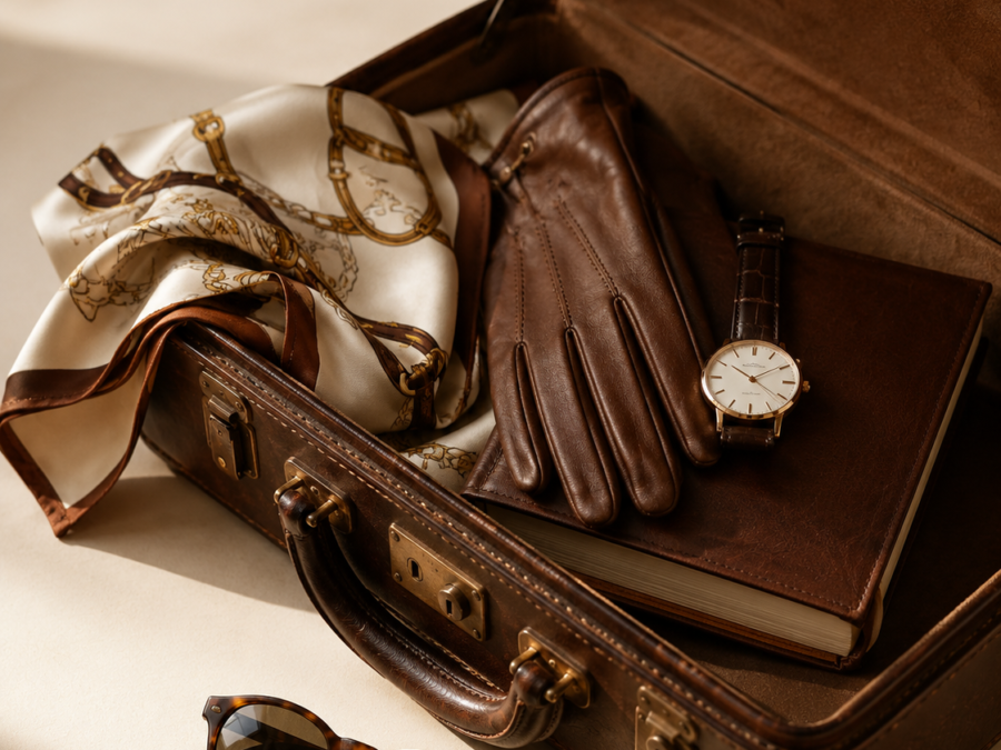 Valiză din piele cu câteva obiecte personale într-un still-life editorial heritage