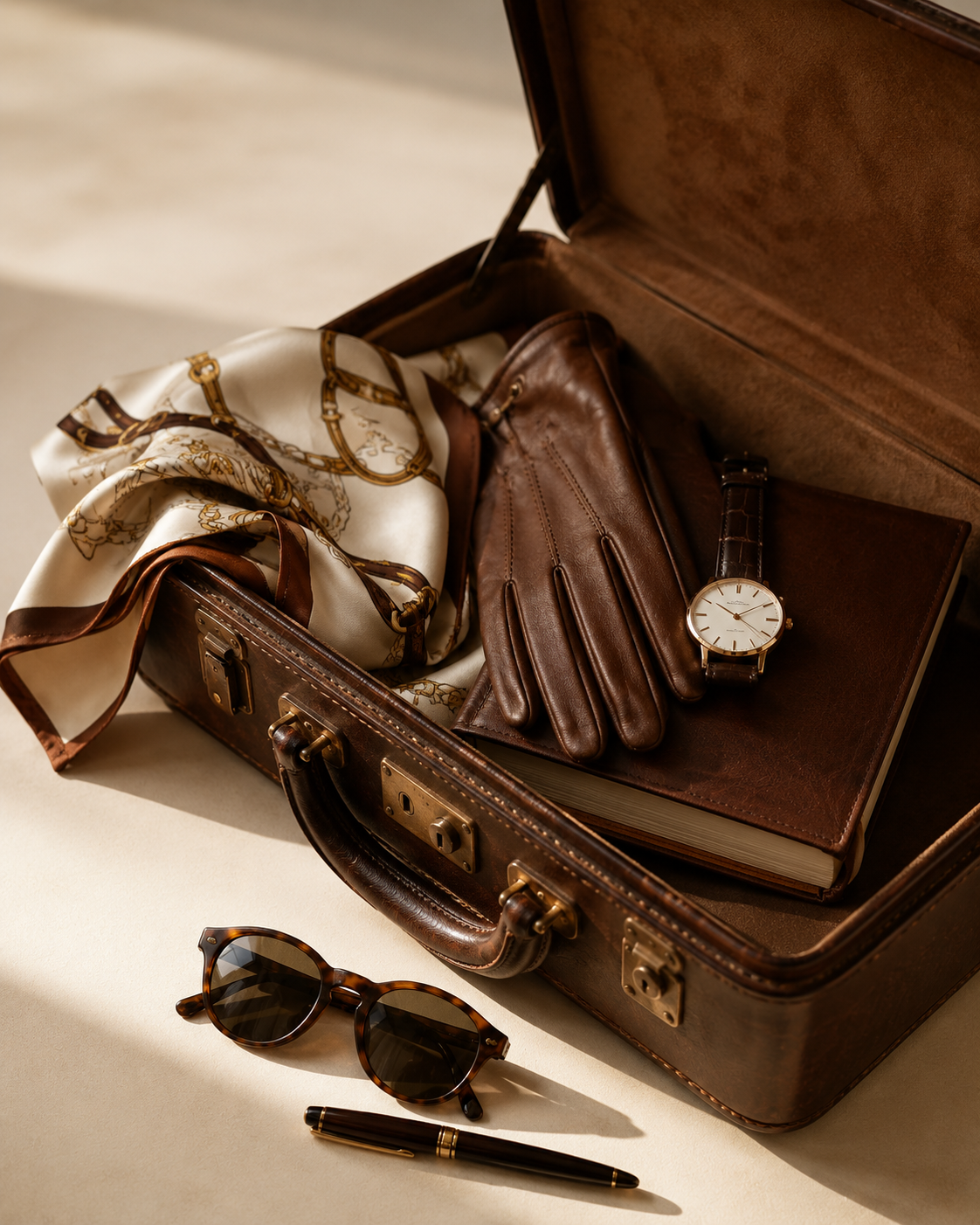 Valiză din piele cu câteva obiecte personale într-un still-life editorial heritage