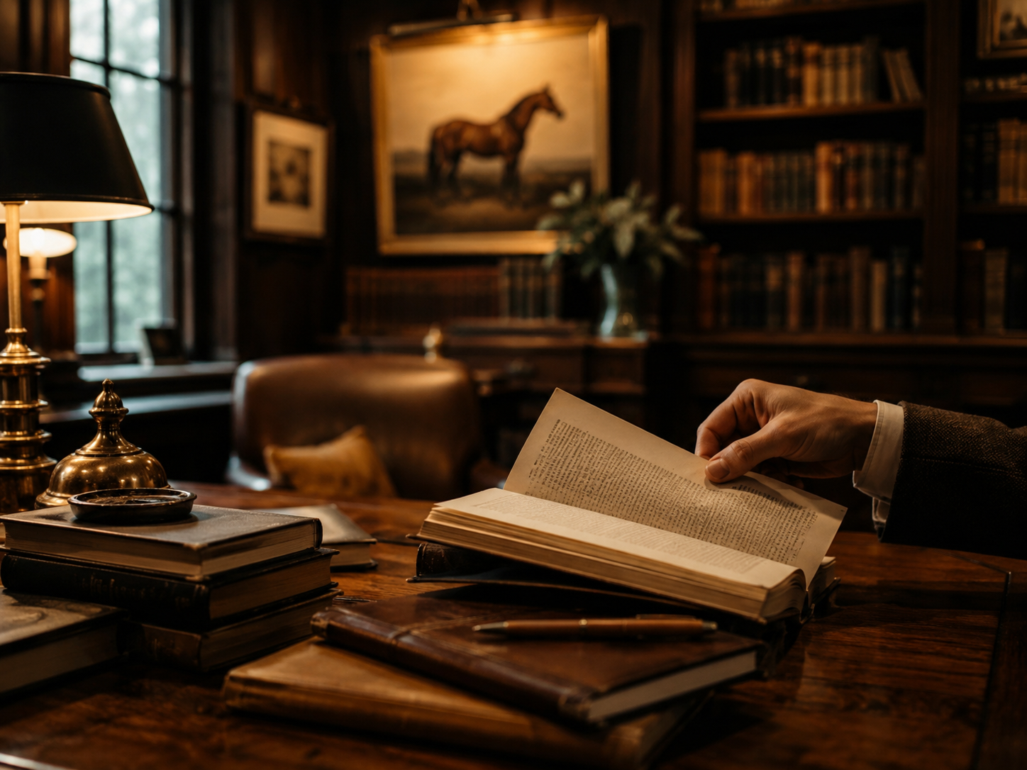 Bibliotecă elegantă cu rafturi întunecate și o mână care răsfoiește o carte pe o masă de lemn